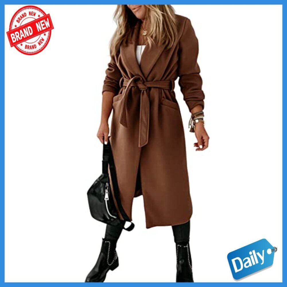 Long Wool Pea Coat with Belt Lapel Collar Open Front Winter Jacket - Picture 3 of 7